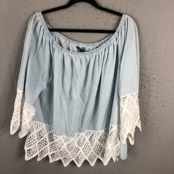 Unique Spectrum Tops - Unique Spectrum Top Womens 2X Plus Size Light Blue Lace Trim Boho Artsy NEW